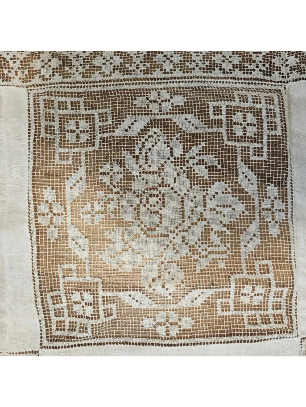 Vintage Square Linen Tablecloth With Intricate Embroidered Floral Pattern & Croc